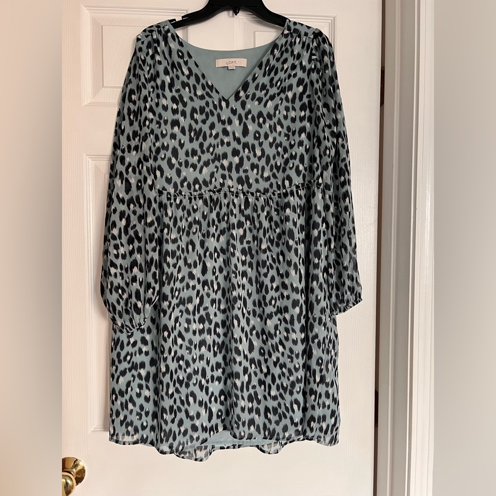 LOFT Leopard Print Long Sleeve Dress M Sheer Sleeves Lined Fall Winter Outfit
